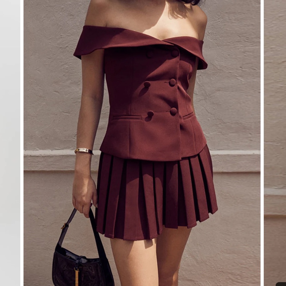 Commense Cold Shoulder Blazer Top with Pleated Skirt Set Burgundy Fall 2024